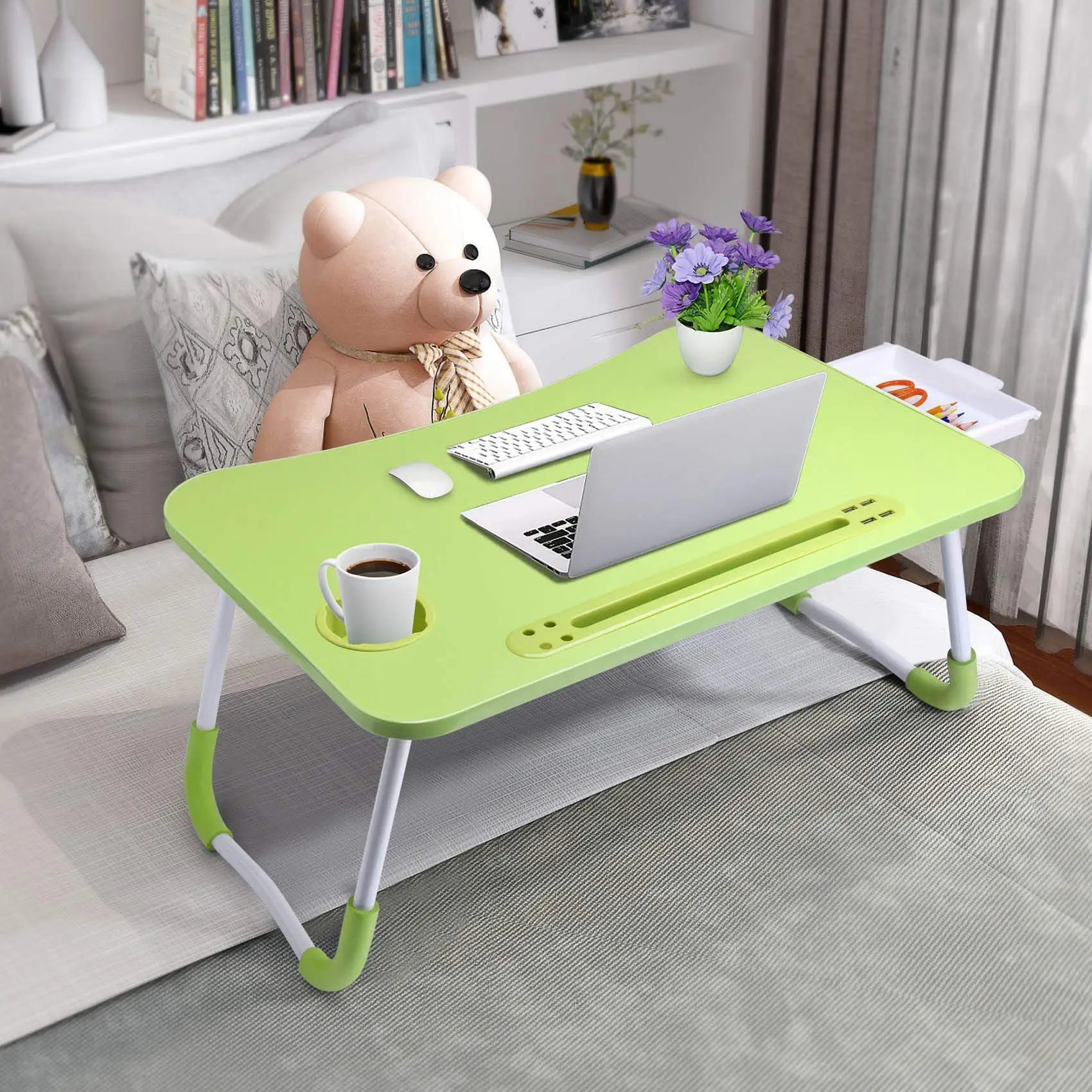 40x60cm Folding Laptop Table – Portable Desk with USB Light, Fan & Cup Holder: