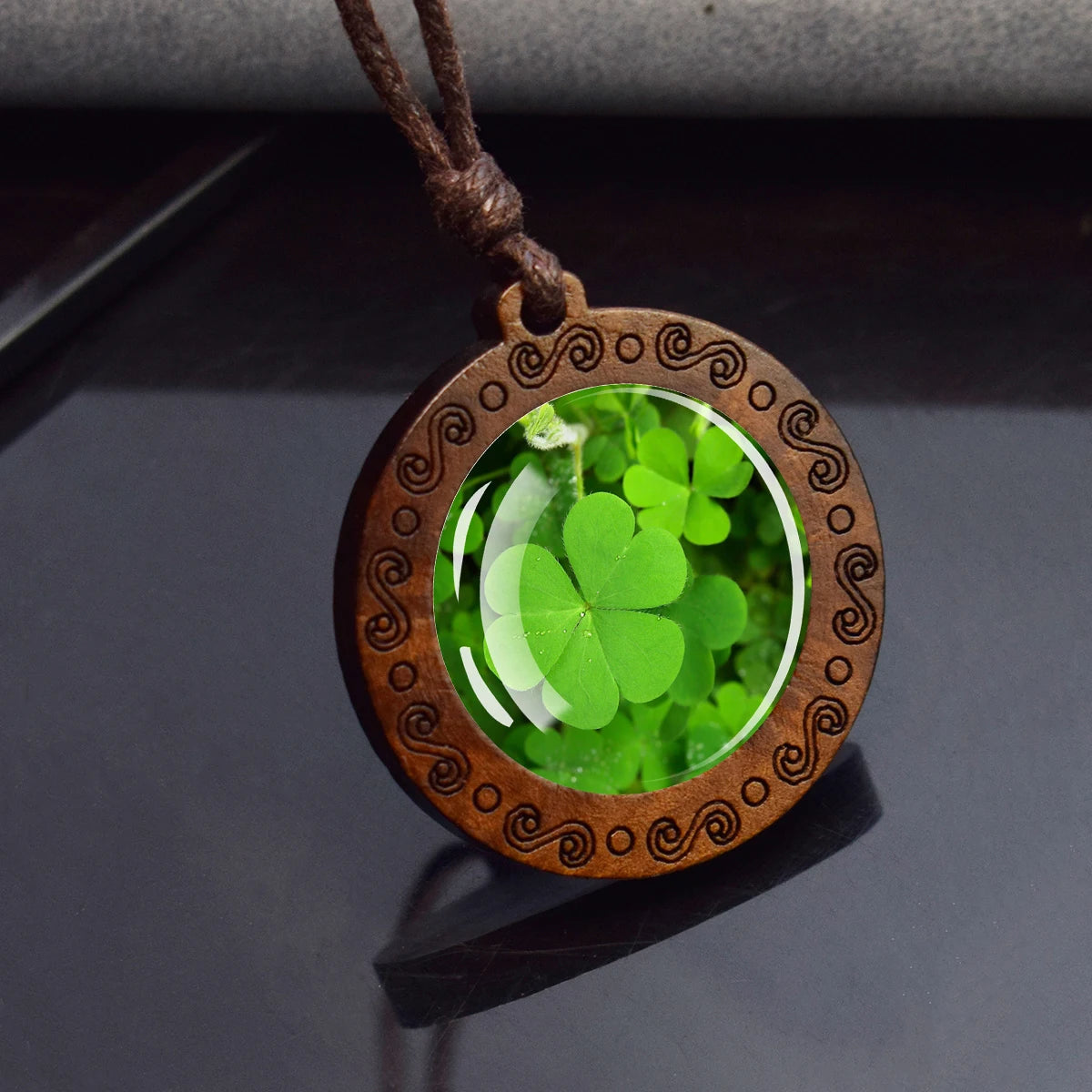 Four-Leaf Clover Glass Dome Pendant Necklace