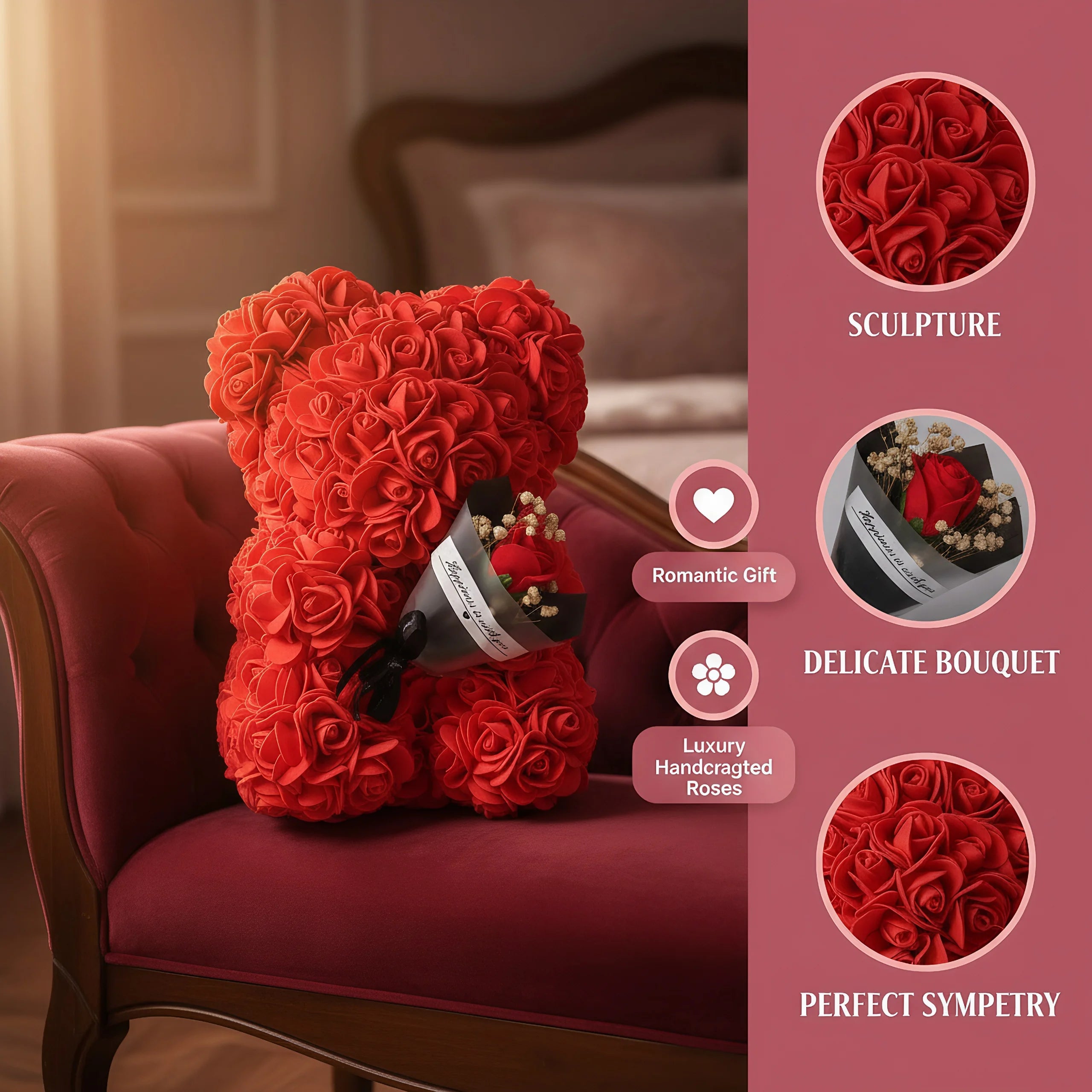 25cm Rose Bear with Flower Bouquet
