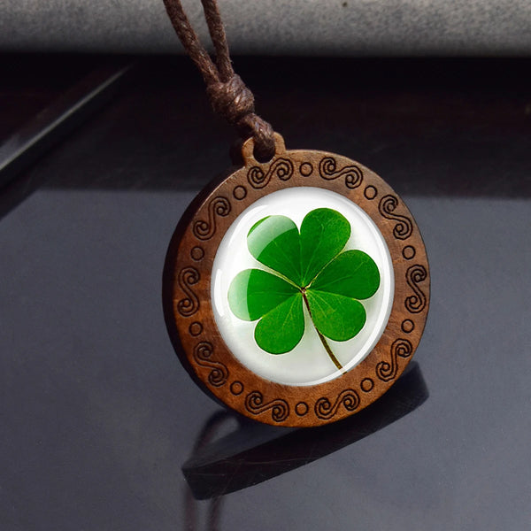Four-Leaf Clover Glass Dome Pendant Necklace