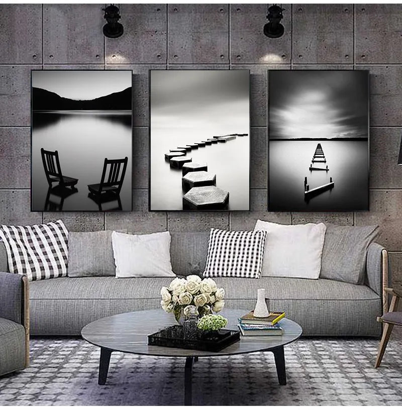 Black and White Landscape Bridge Canvas Art