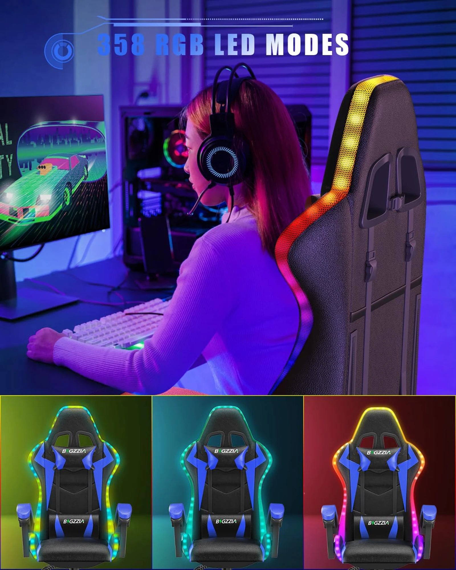 RGB Gaming Chair – LED Lights Ergonomic Recliner