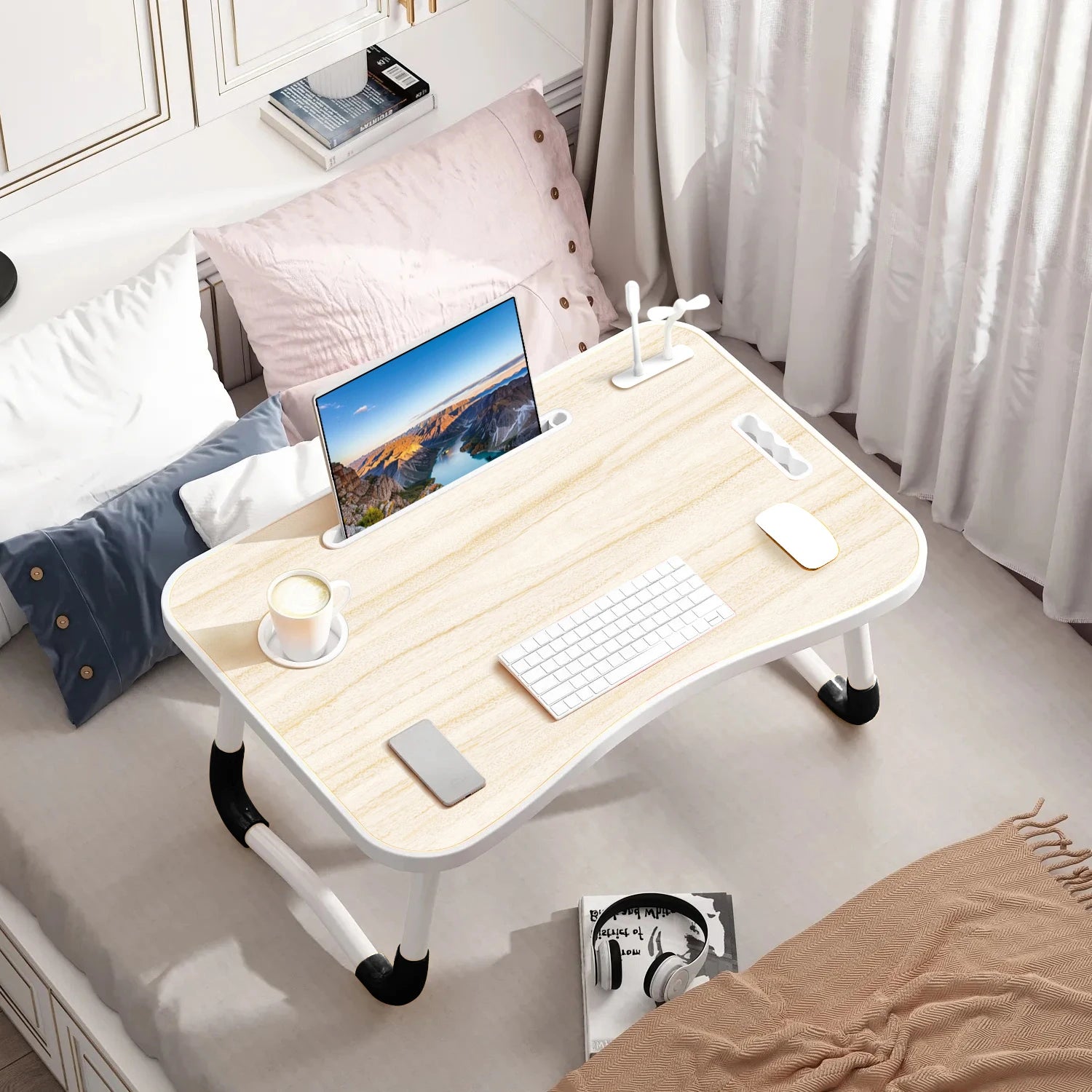 40x60cm Folding Laptop Table – Portable Desk with USB Light, Fan & Cup Holder: