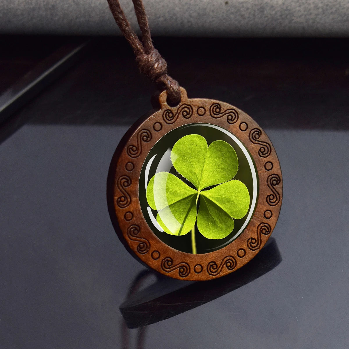 Four-Leaf Clover Glass Dome Pendant Necklace