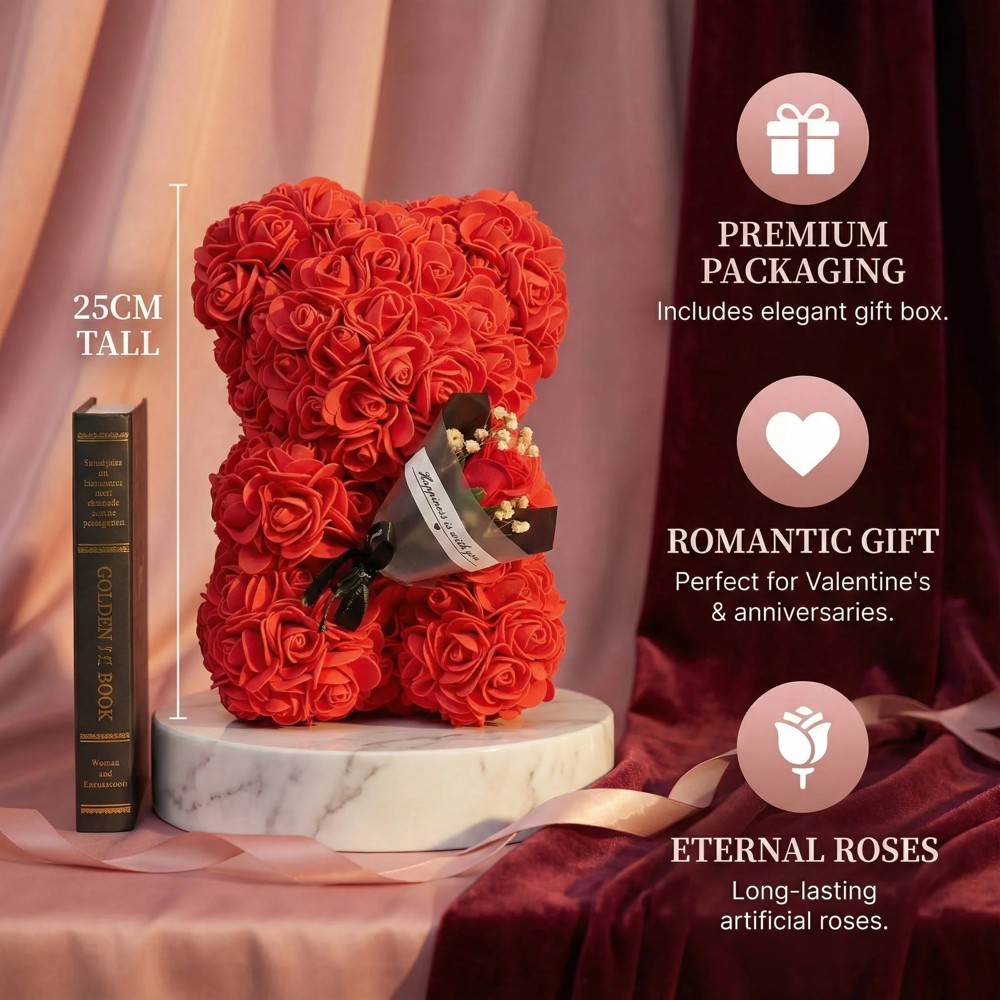 25cm Rose Bear with Flower Bouquet