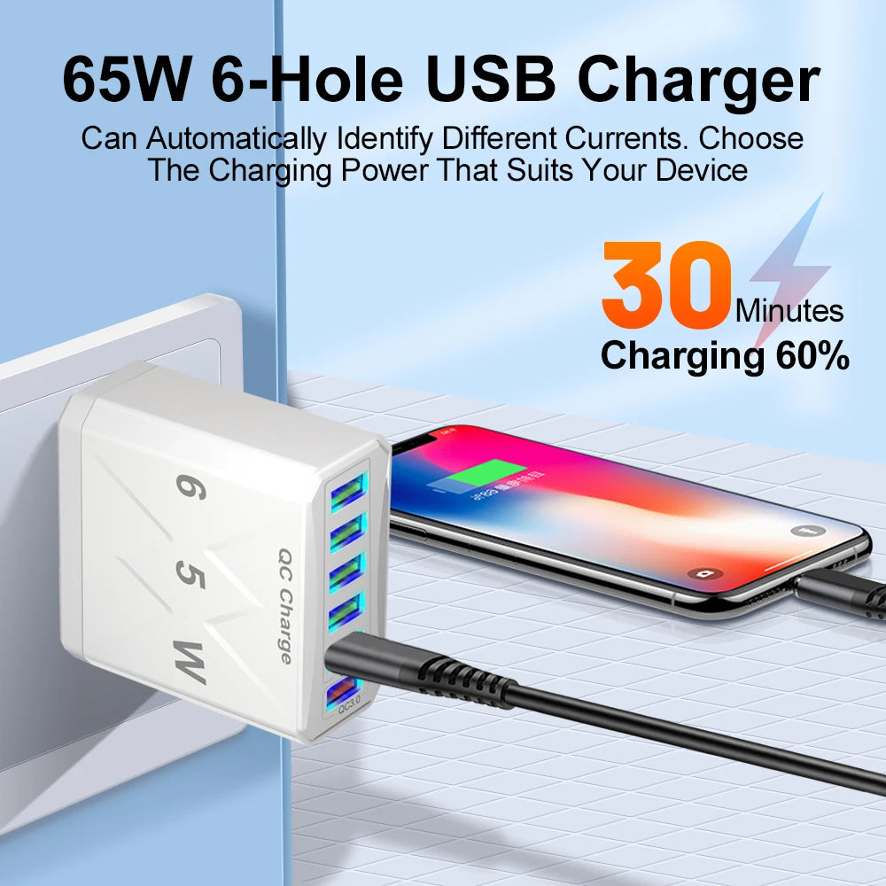 65W 6-Port USB Fast Charger – QC3.0 Travel Adapter: