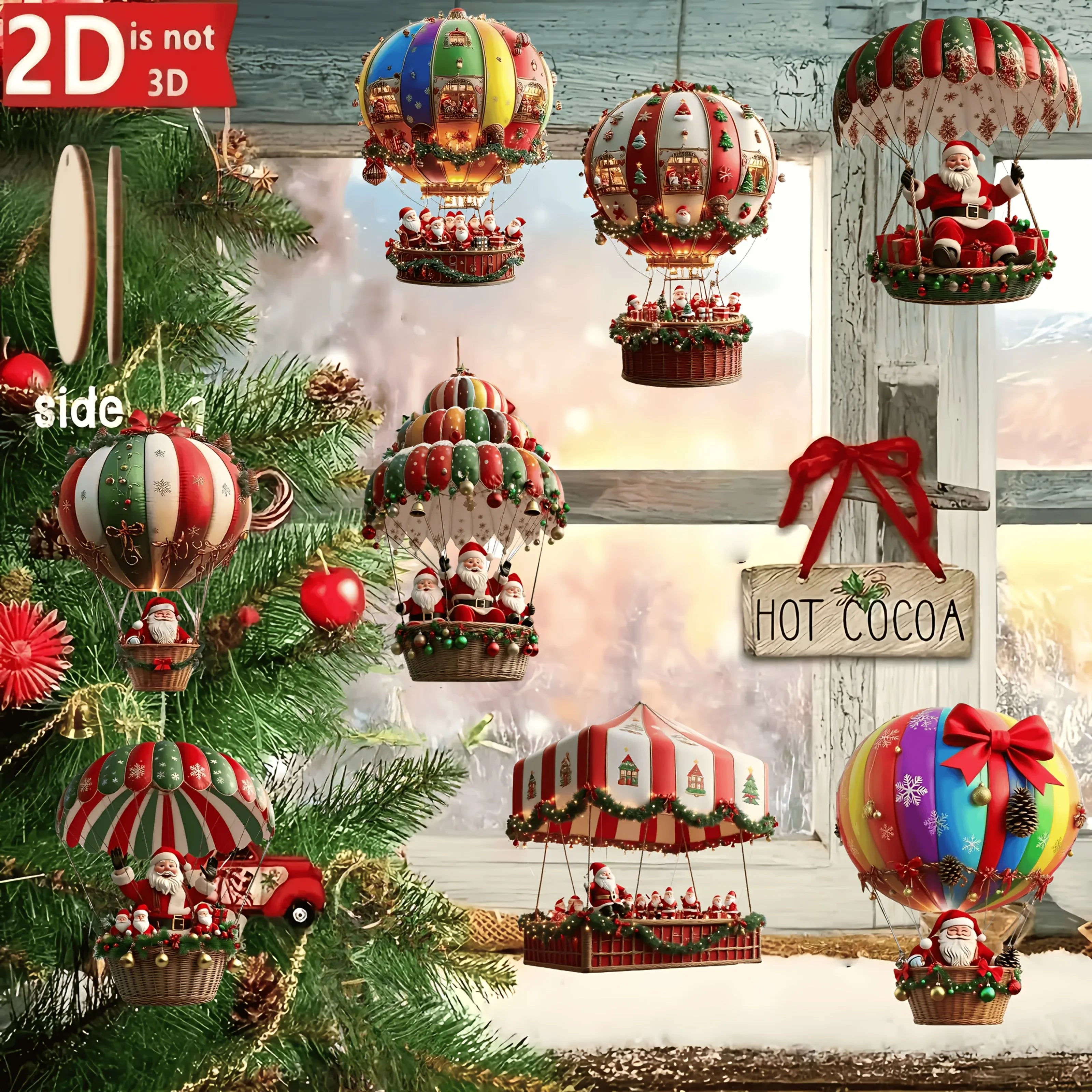 Wooden Hot Air Balloon Santa Ornaments