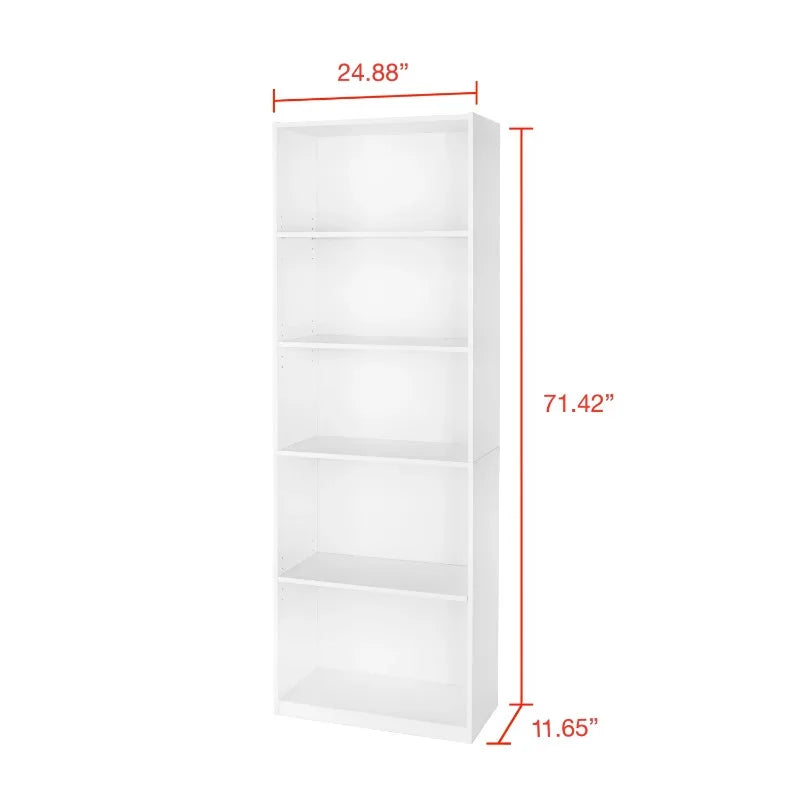 5-Shelf Adjustable Bookcase – Solid Wood Display Bookshelf, White
