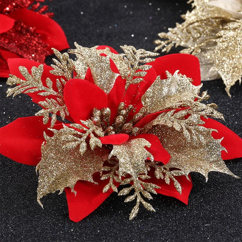 5PCS Glitter Red Rose Christmas Decorations