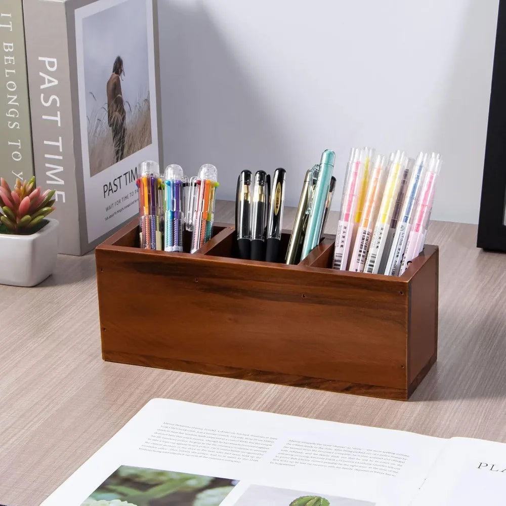 Wooden 3-Compartment Pencil & Remote Holder