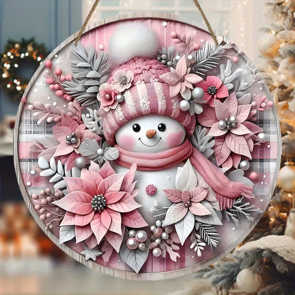 Pink Christmas Snowman Wooden Door Sign