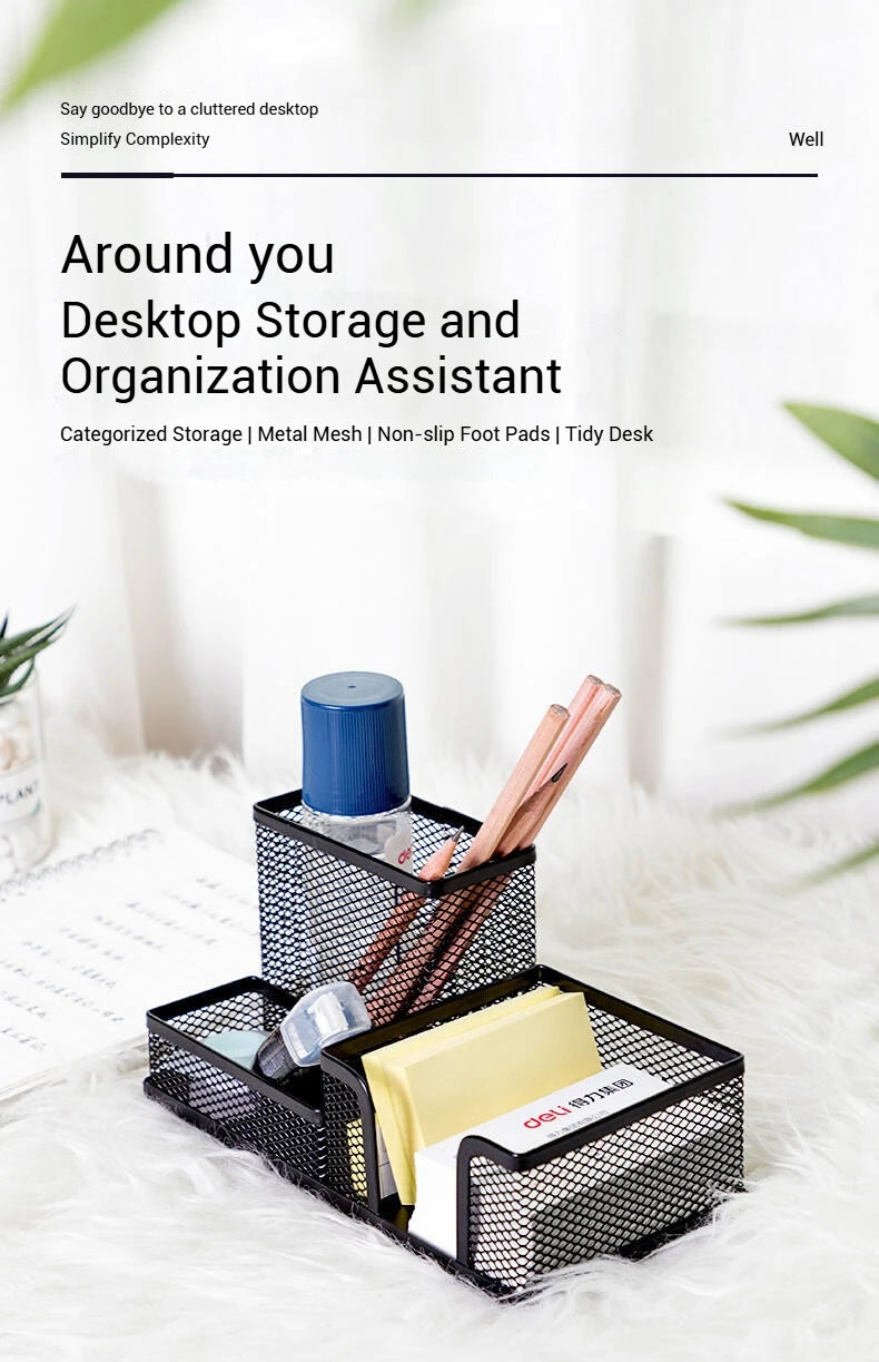 Deli Metal Mesh 3-Grid Pen Holder