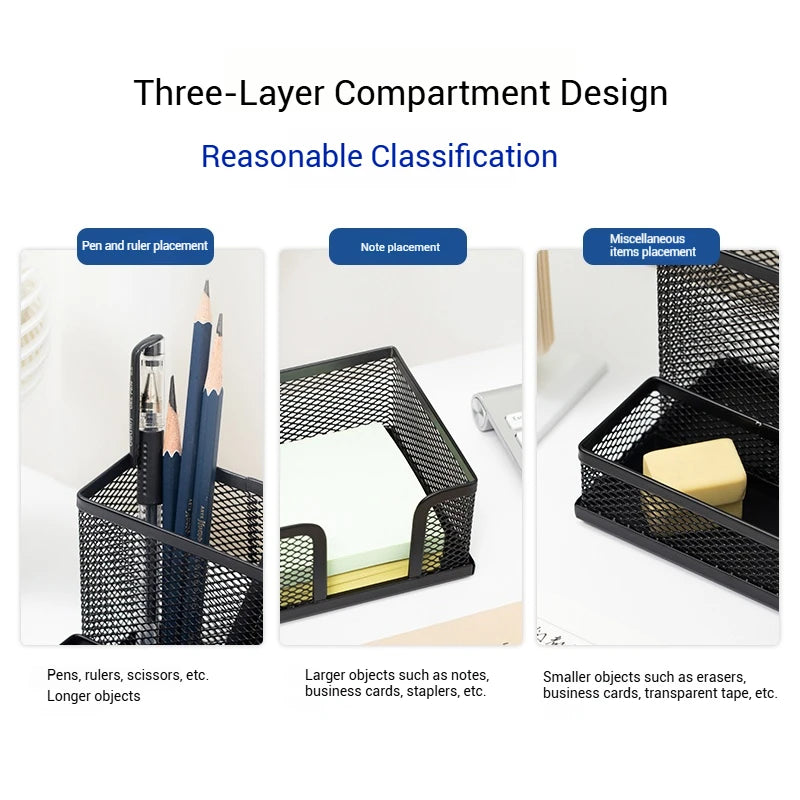 Deli Metal Mesh 3-Grid Pen Holder