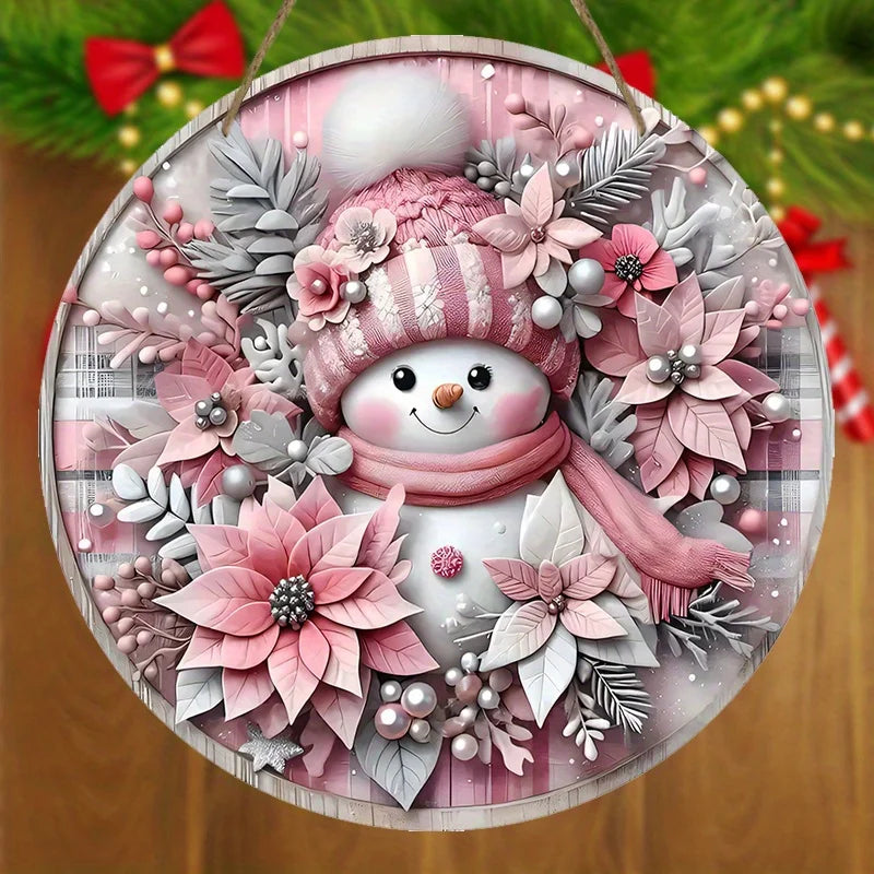 Pink Christmas Snowman Wooden Door Sign