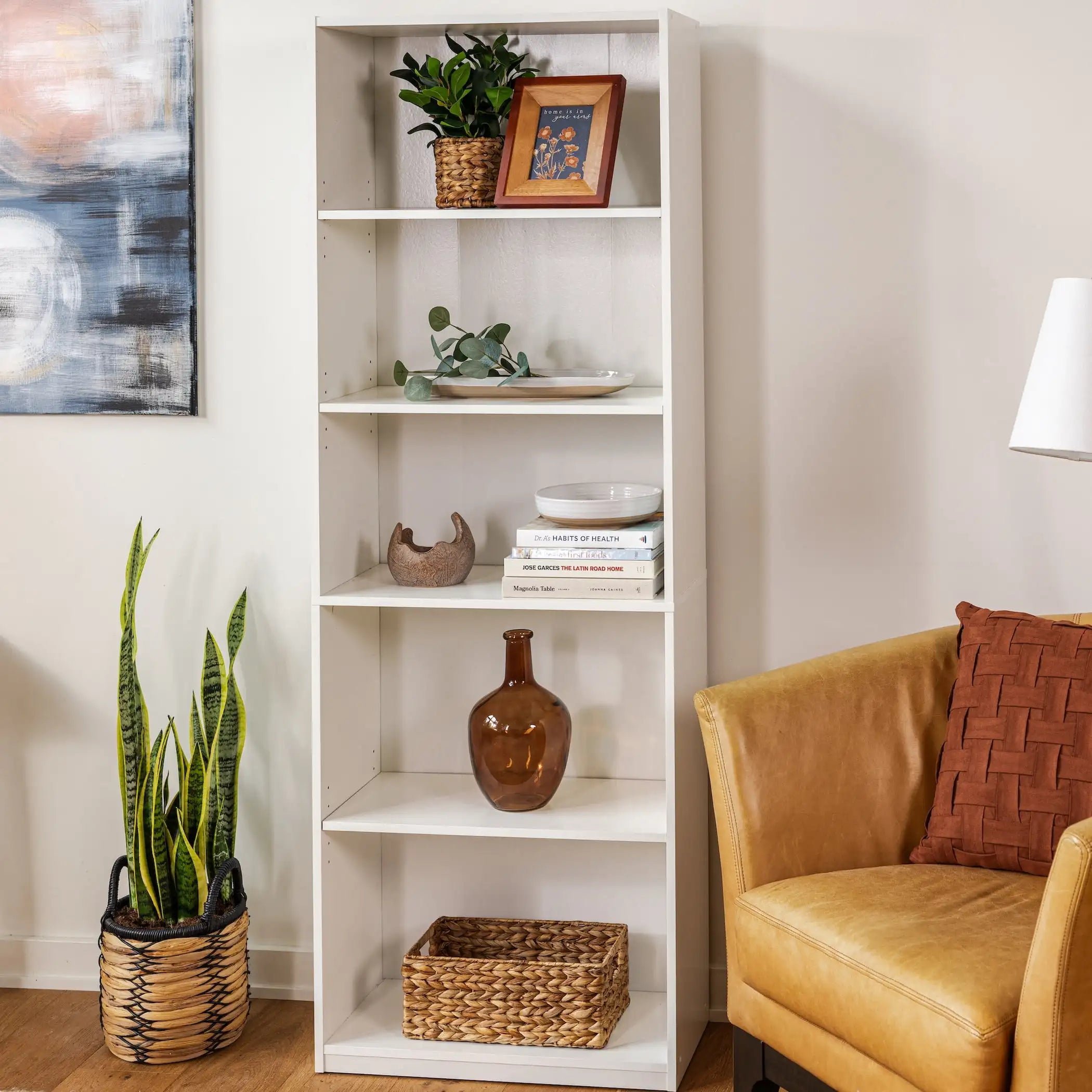 5-Shelf Adjustable Bookcase – Solid Wood Display Bookshelf, White