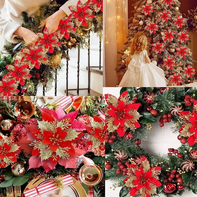 5PCS Glitter Red Rose Christmas Decorations