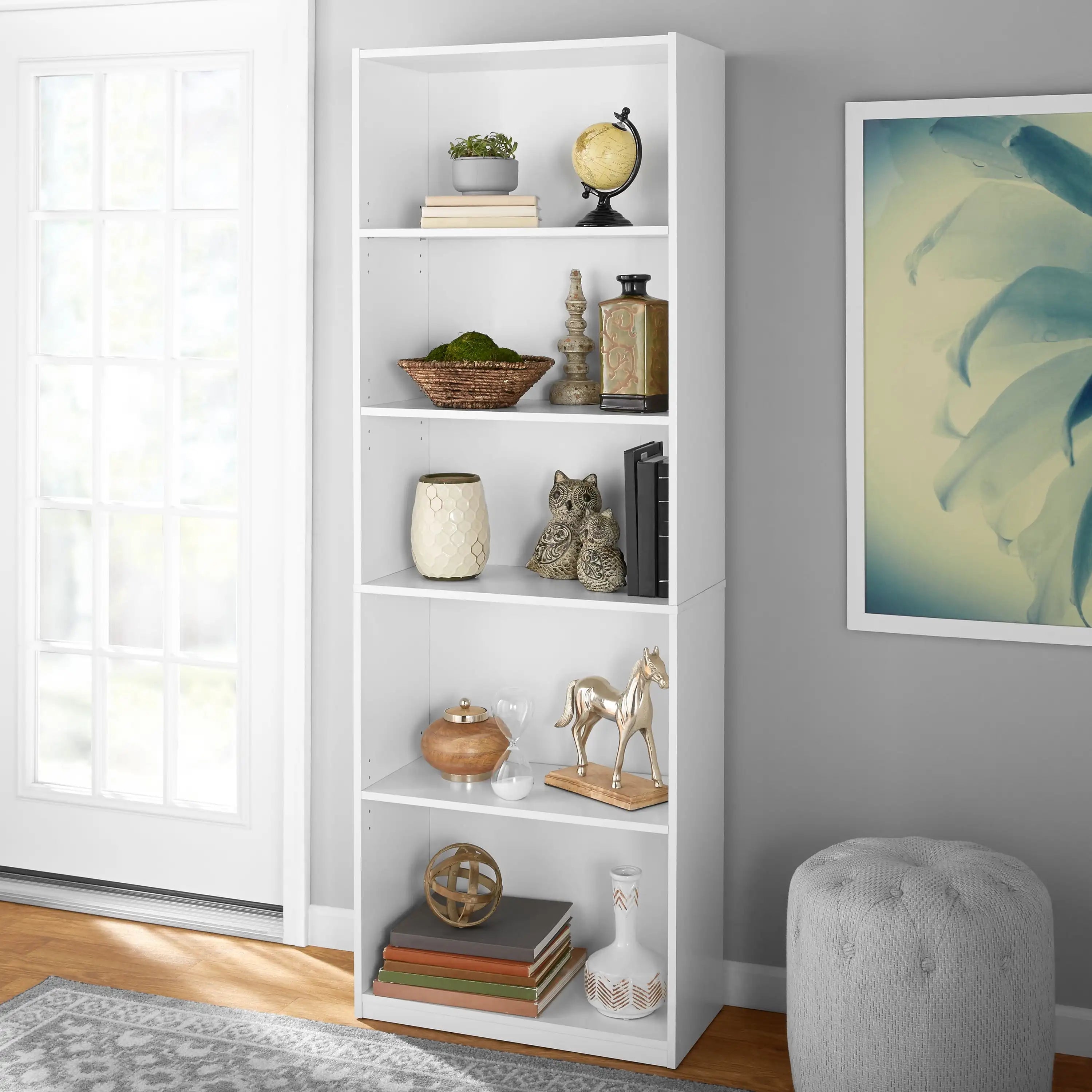 5-Shelf Adjustable Bookcase – Solid Wood Display Bookshelf, White