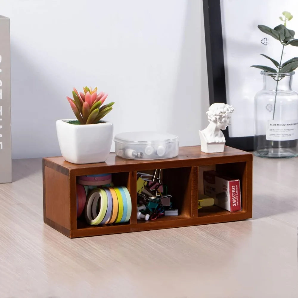 Wooden 3-Compartment Pencil & Remote Holder