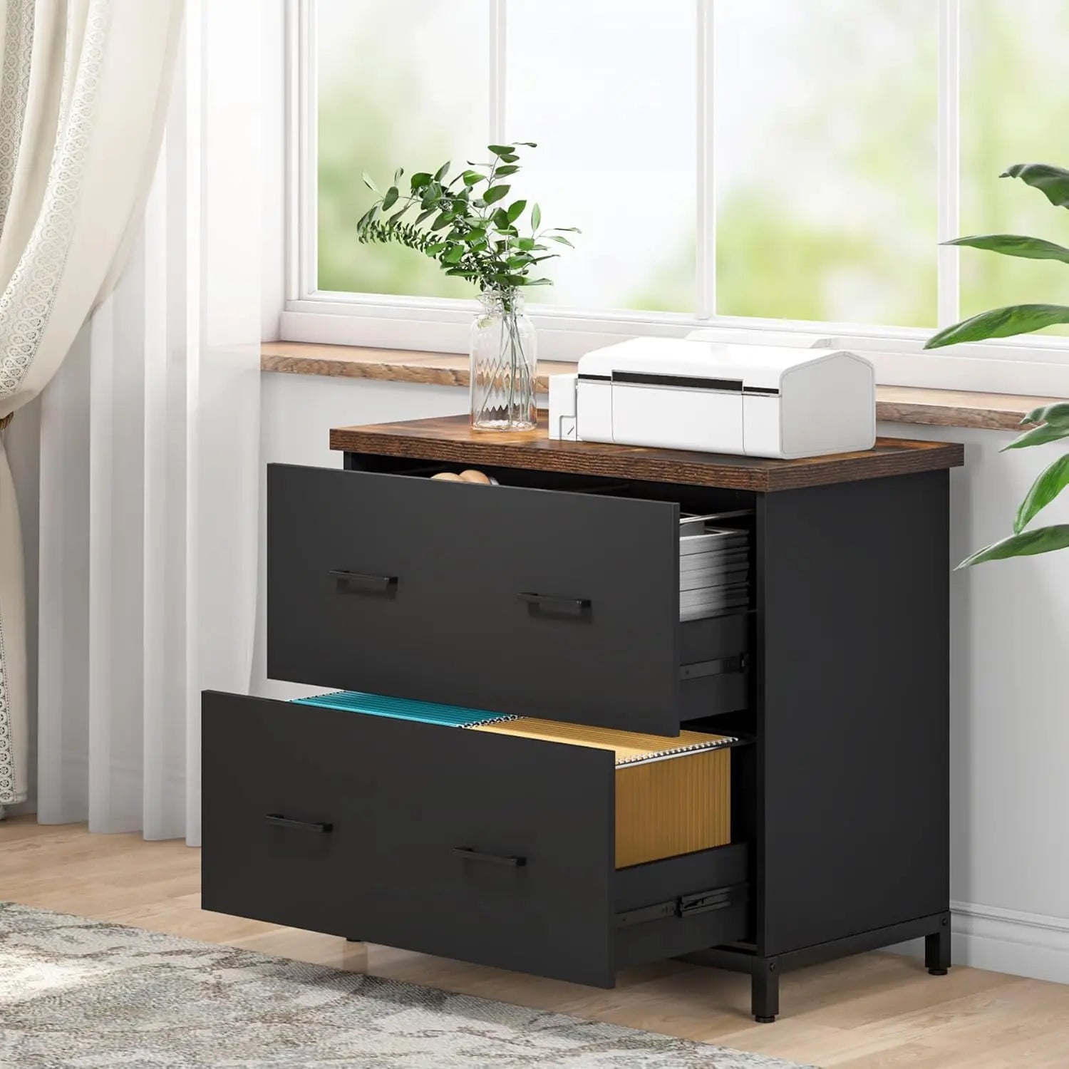 2-Drawer Lateral File Cabinet – Wood Filing Storage for A4 & Letter Size