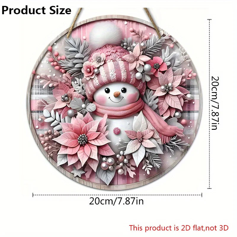 Pink Christmas Snowman Wooden Door Sign