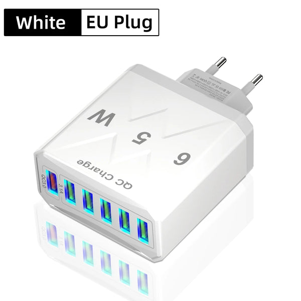 65W 6-Port USB Fast Charger – QC3.0 Travel Adapter: