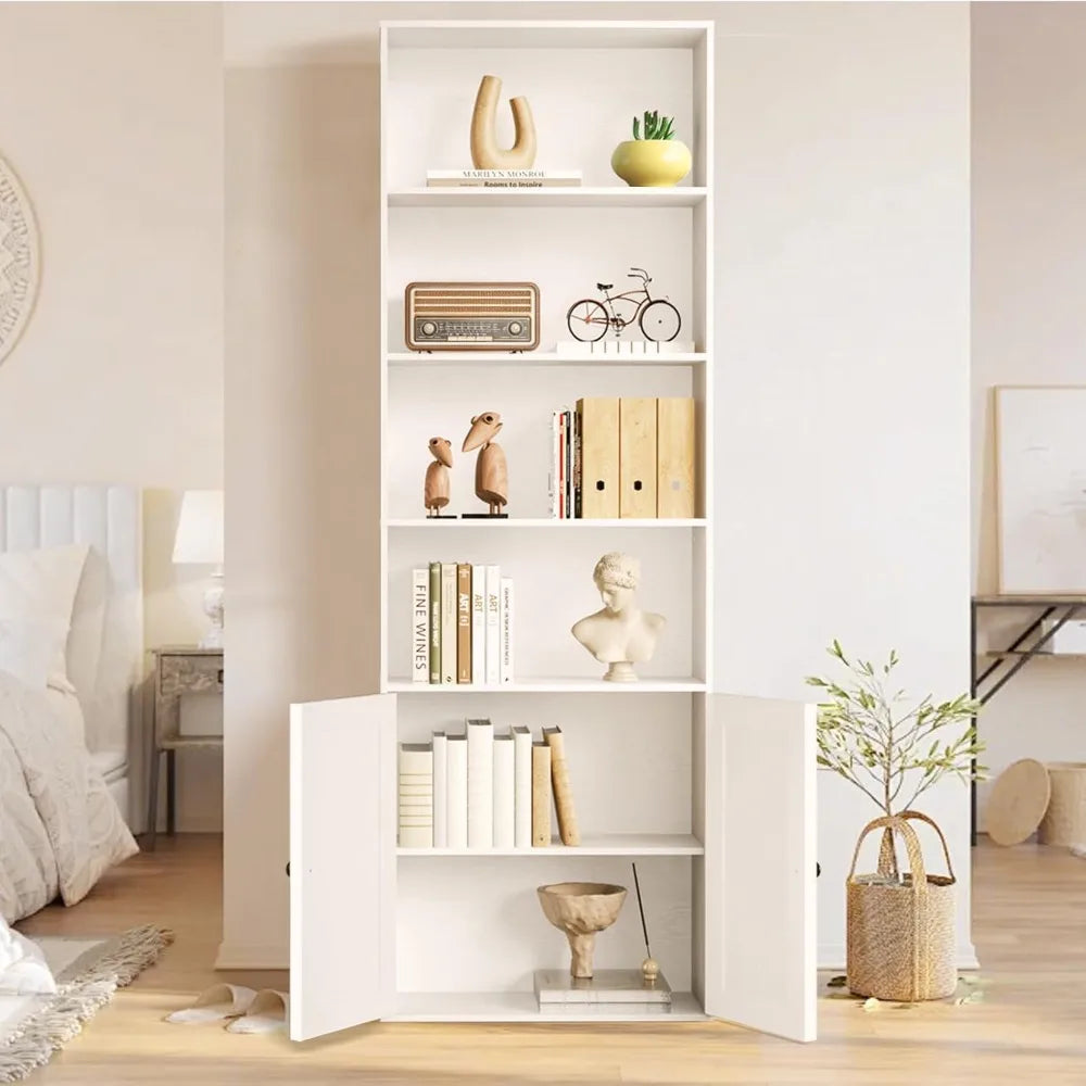 Wooden 6-Shelf Bookcase with Doors