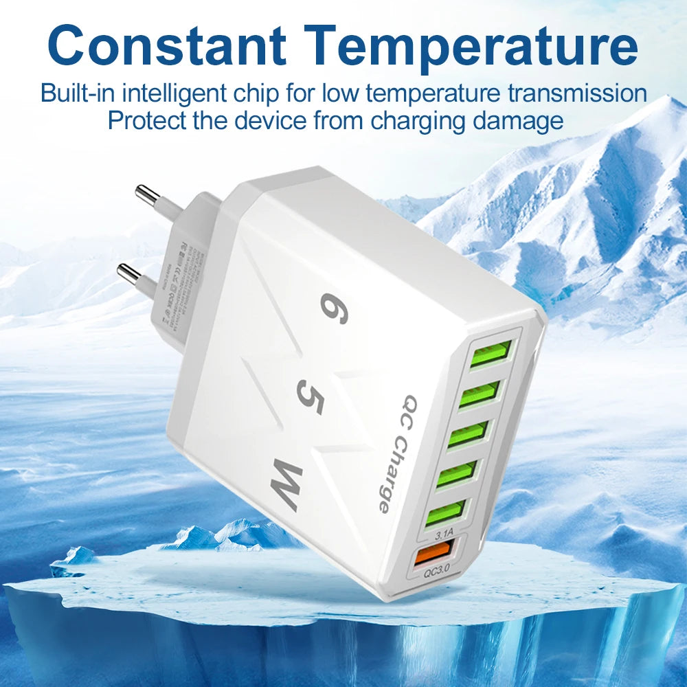 65W 6-Port USB Fast Charger – QC3.0 Travel Adapter: