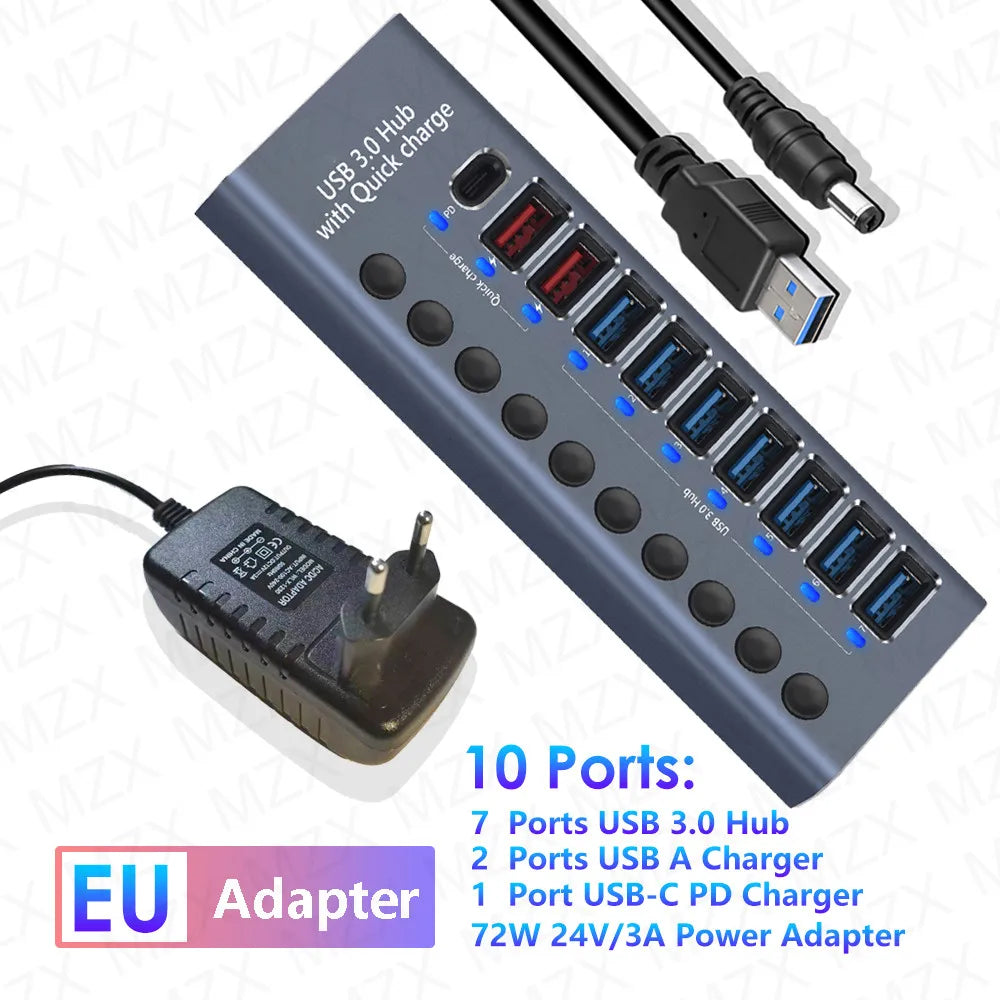 Aluminum USB 3.0 Hub 4/7/10 Port with Switch