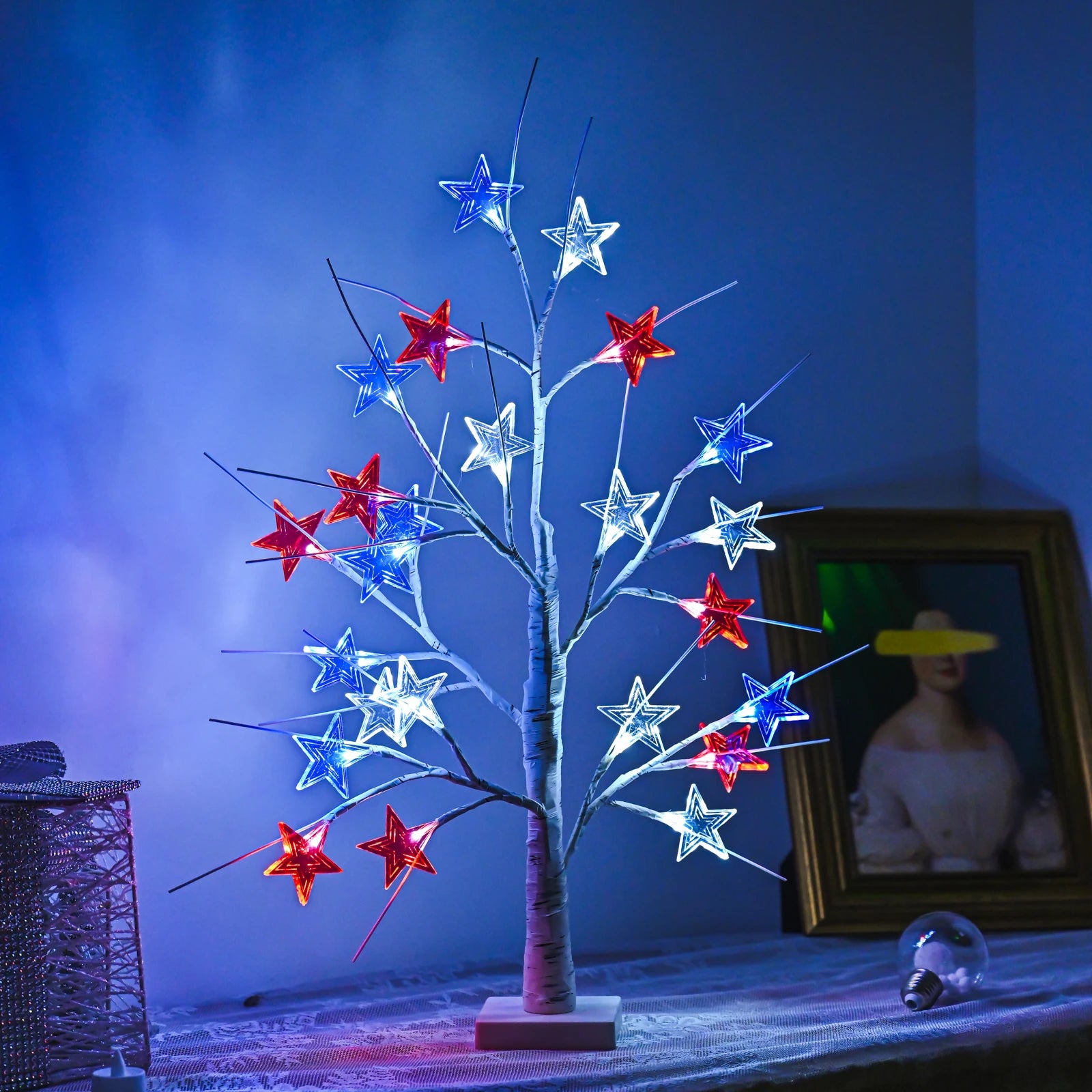 4th of July Red White Blue Star Tree Light
