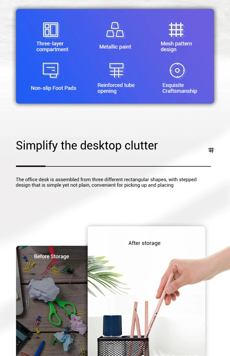Deli Metal Mesh 3-Grid Pen Holder