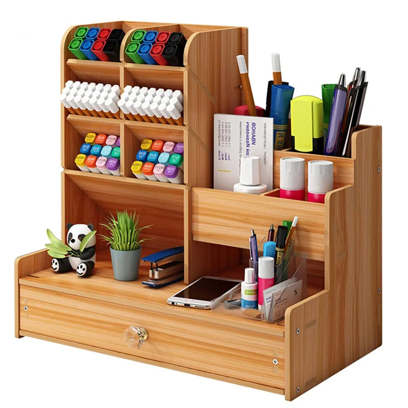 Wooden Desk Organizer – Large-Capacity Stationery Storage with Drawer