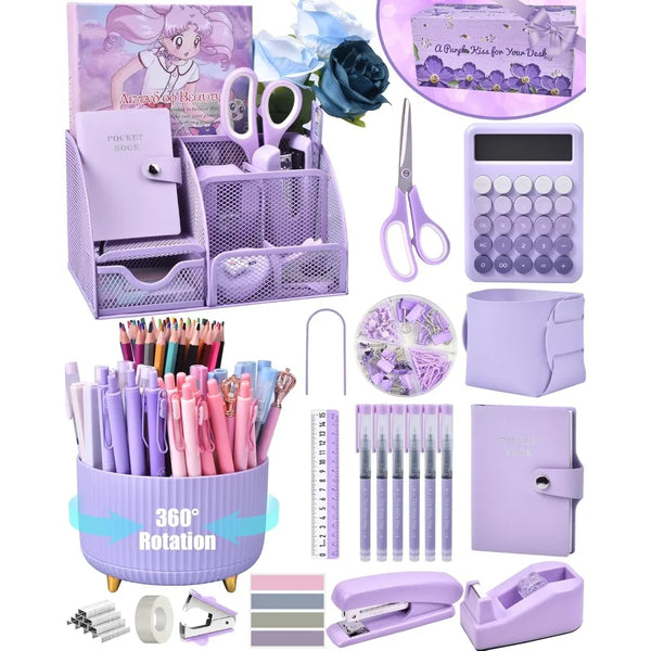 Purple Mesh Desk Organizer Set with Rotating Pen Holder