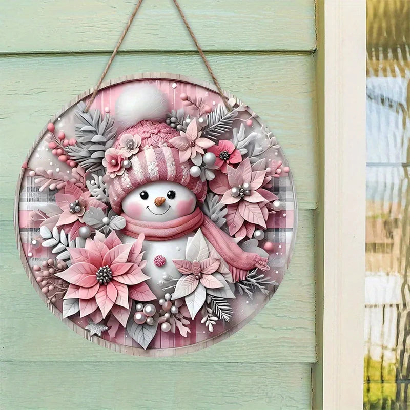 Pink Christmas Snowman Wooden Door Sign