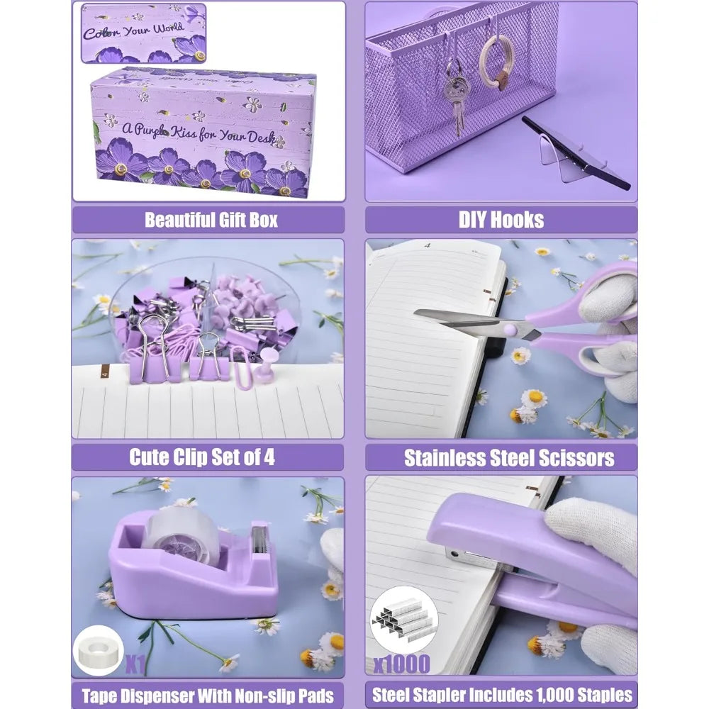 Purple Mesh Desk Organizer Set with Rotating Pen Holder