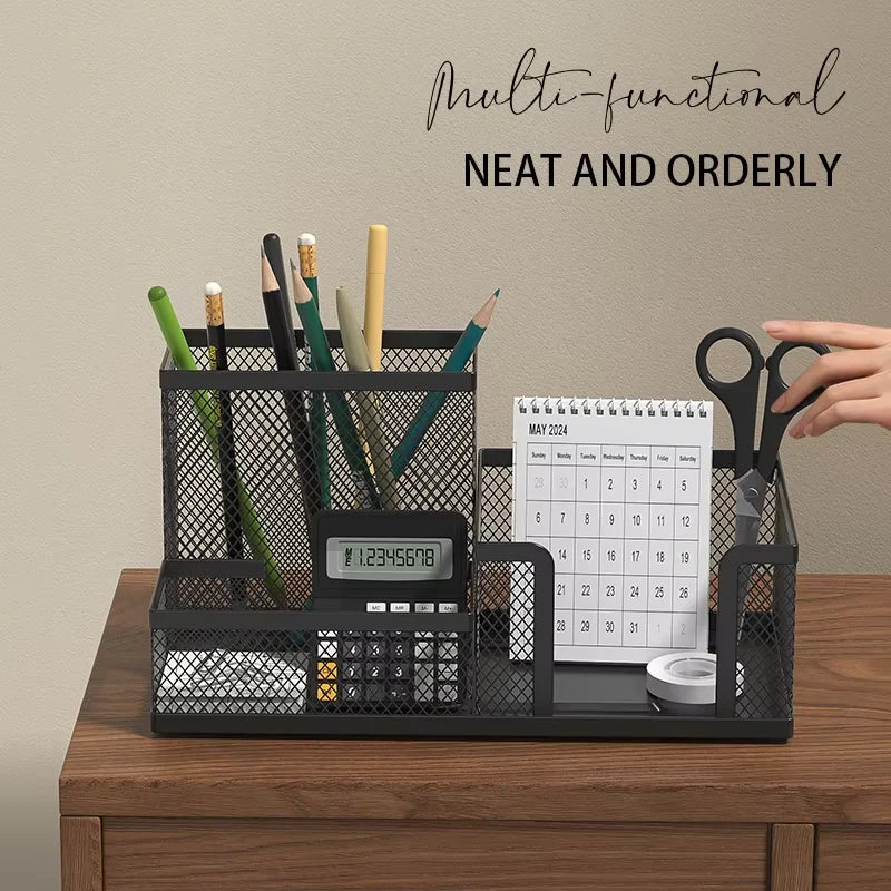 Deli Metal Mesh 3-Grid Pen Holder