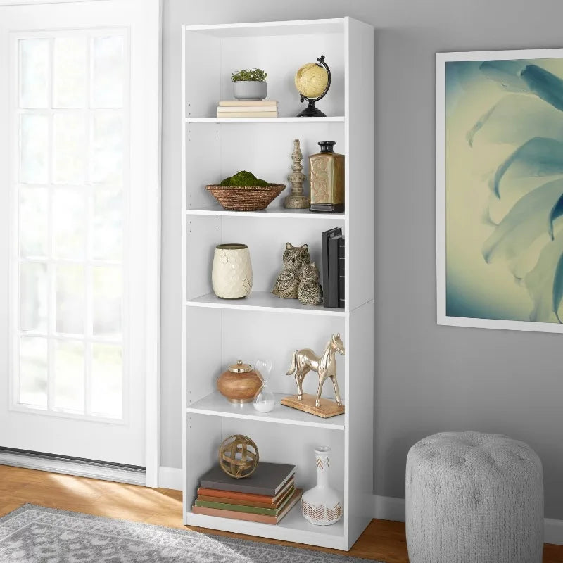 5-Shelf Adjustable Bookcase – Solid Wood Display Bookshelf, White