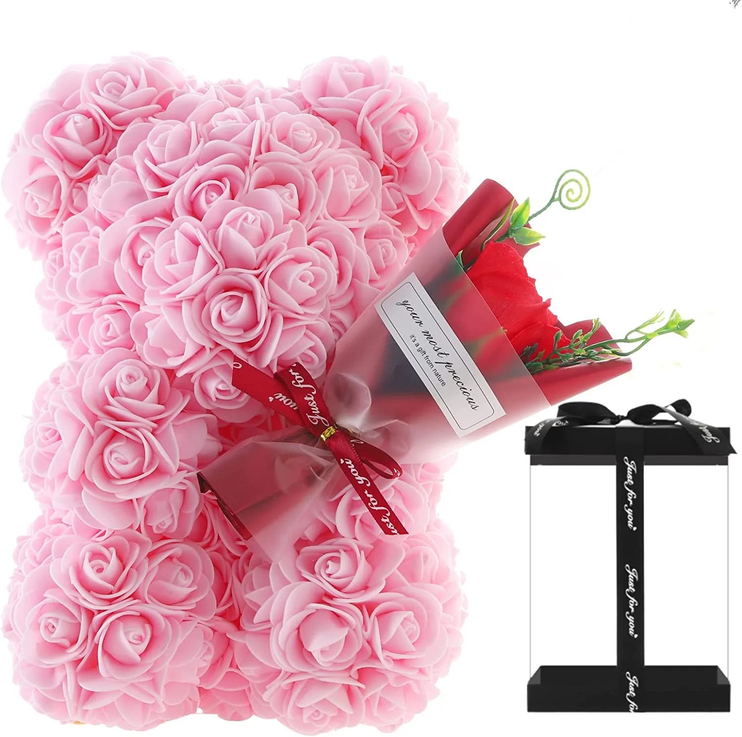 25cm Rose Bear with Flower Bouquet
