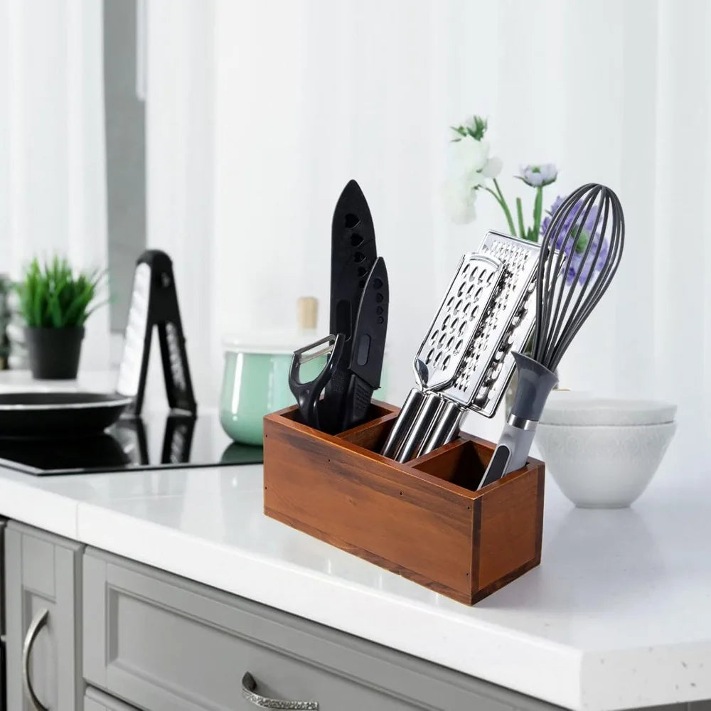 Wooden 3-Compartment Pencil & Remote Holder