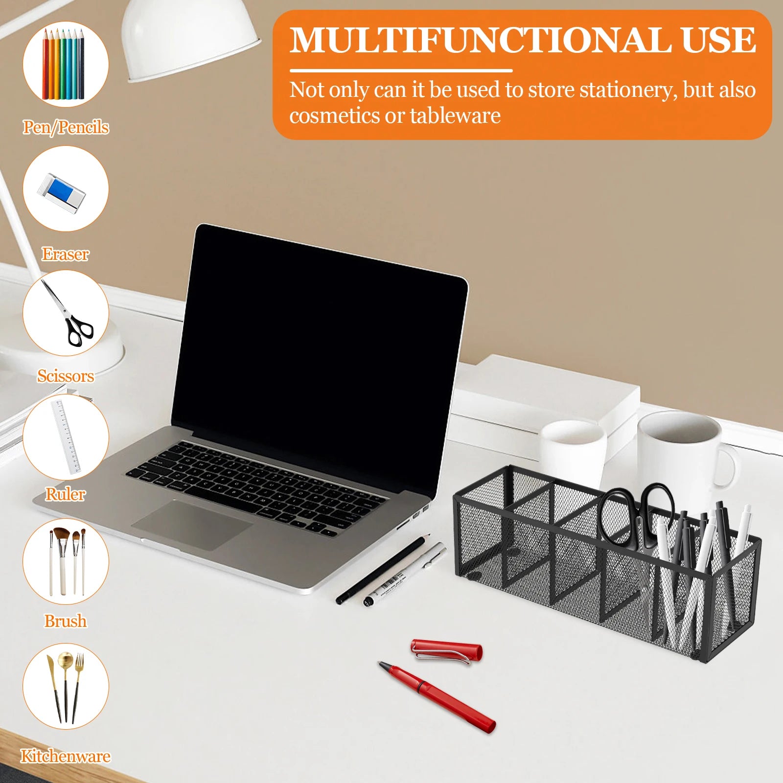 2Pcs Mesh Pen Pencil Holder with 5 Compartments Metal Desk Organizer Rustproof Brush Holder for Home School Classroom Teachers