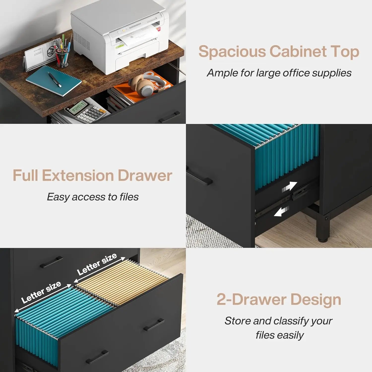2-Drawer Lateral File Cabinet – Wood Filing Storage for A4 & Letter Size