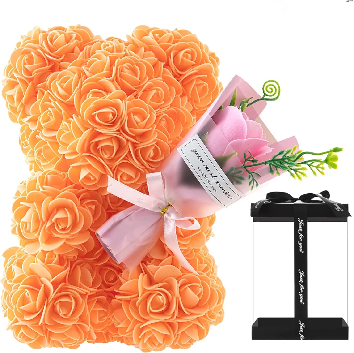 25cm Rose Bear with Flower Bouquet