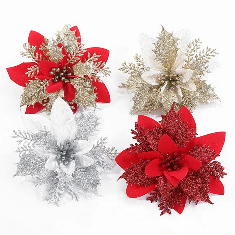 5PCS Glitter Red Rose Christmas Decorations