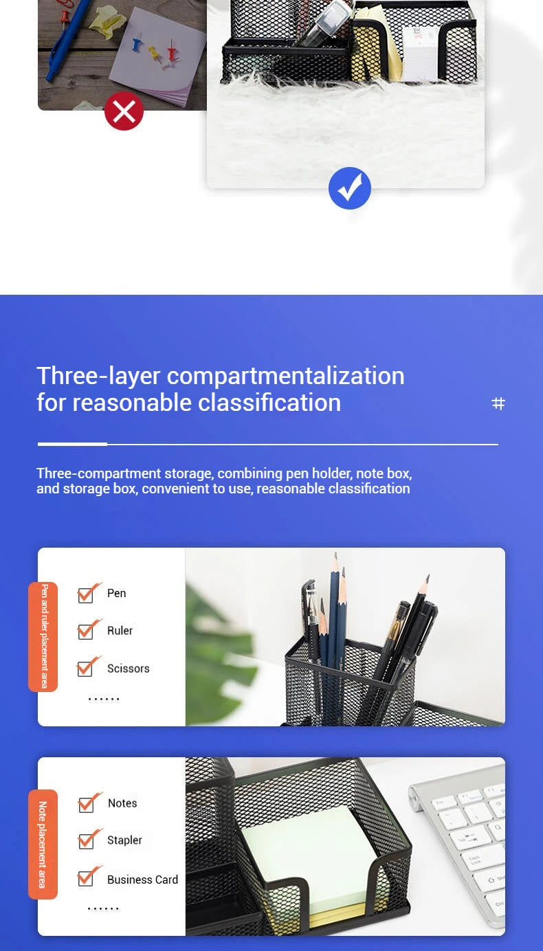 Deli Metal Mesh 3-Grid Pen Holder