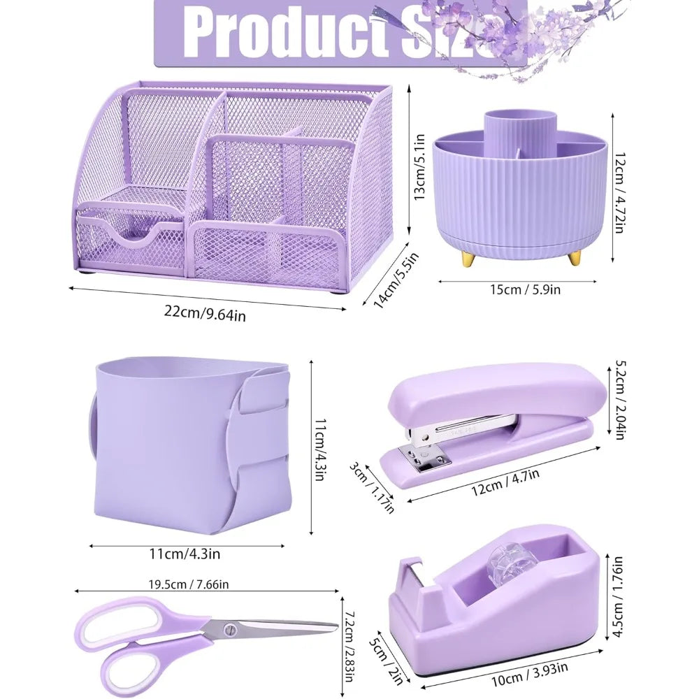 Purple Mesh Desk Organizer Set with Rotating Pen Holder